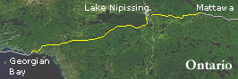 Satellite photograph of the Mattawa River, Lake Nipissing and the French River (courtesy NASA)
