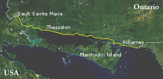 Satellite photograph of the north shore of Lake Huron, from the mouth of the French River to Sault Sainte Marie (courtesy NASA)