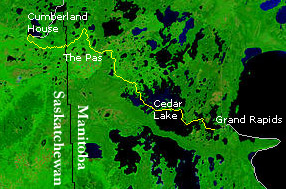 Satellite photograph of the Saskatchewan River from Grand Rapids on Cedar Lake upstream to Cumberland House (courtesy NASA)
