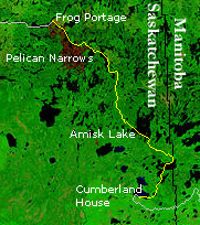 Satellite photograph of the Sturgeon-Weir River system from Cumberland House north to the Frog Portage (courtesy NASA)